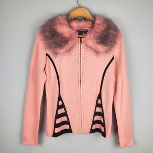 ATTITUDE Pink Knit Zip-Up Sweater with Fur Collar, Size L